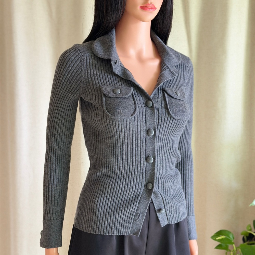 Banana Republic Extra Fine Merino Wool Ribbed Shirt Cardigan Gray XS Academia